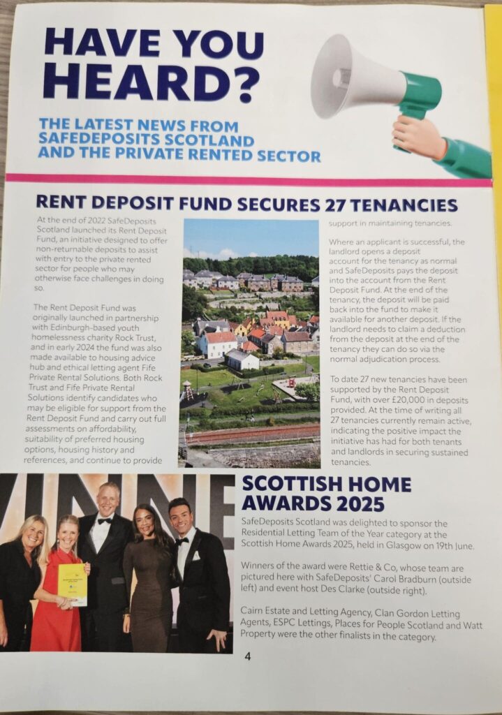 Fife Private Rental Solutions featured in Key Matters by SafeDeposits Scotland for supporting tenants through the Rent Deposit Fund in Fife.